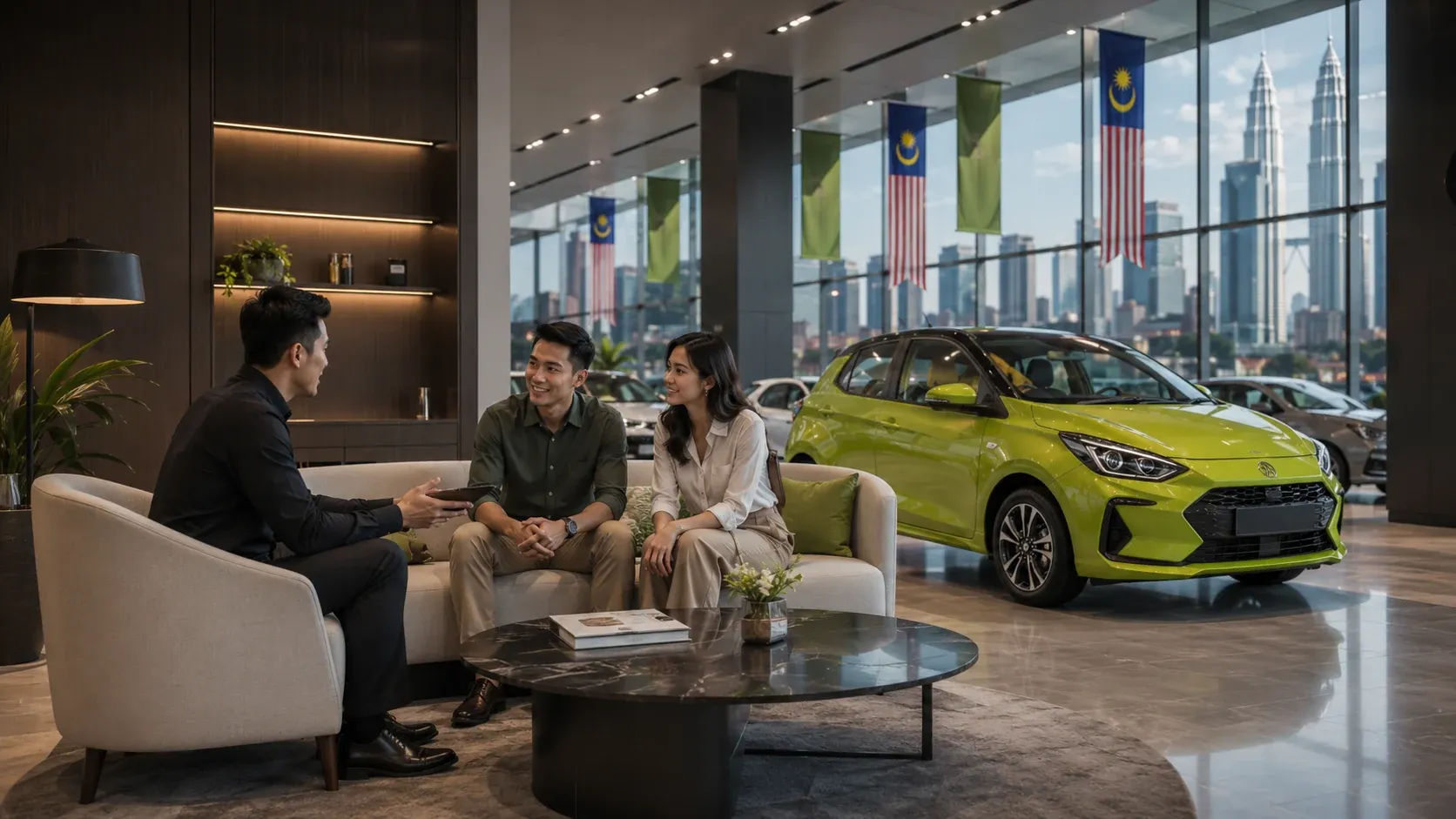 Customer consultation lounge with a lime hatchback in the background