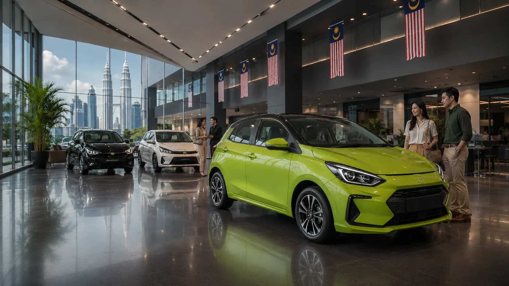 Valtrino Pro showroom floor with compact vehicles and city skyline views
