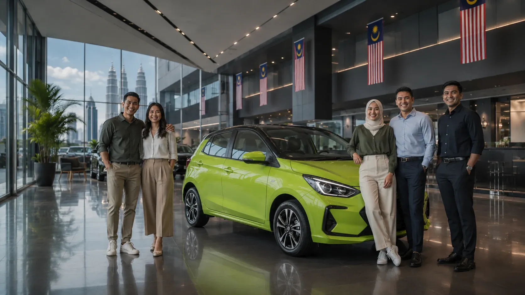 Valtrino Pro team and customers beside a compact hatchback in the showroom